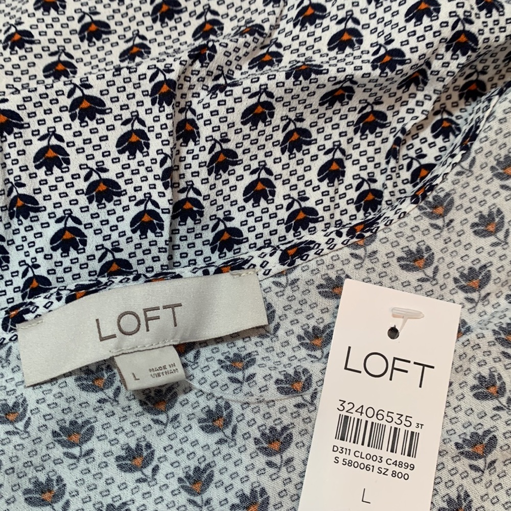 Loft Black & Red Floral Print on White Square Neck Long Sleeve Blouse - Picture 8 of 9